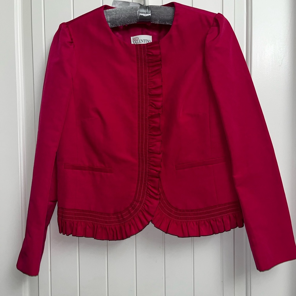 RED Valentino Women’s Ruffled Cropped Magenta Blazer, IT size 42.
